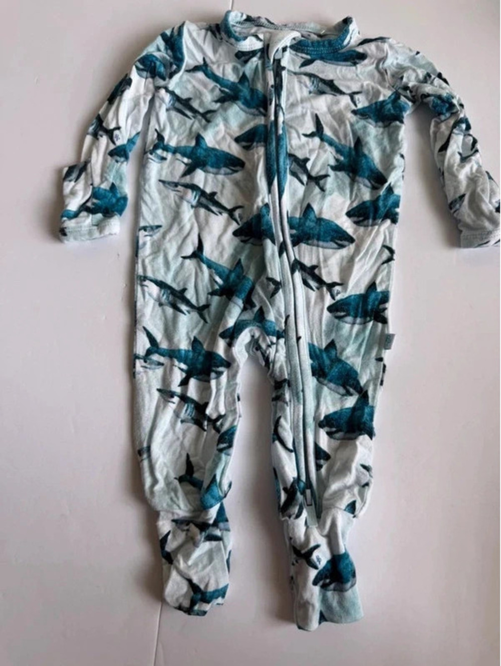Posh Peanut Newborn Size NB Blue Shark Print Zipper Footie Pajamas